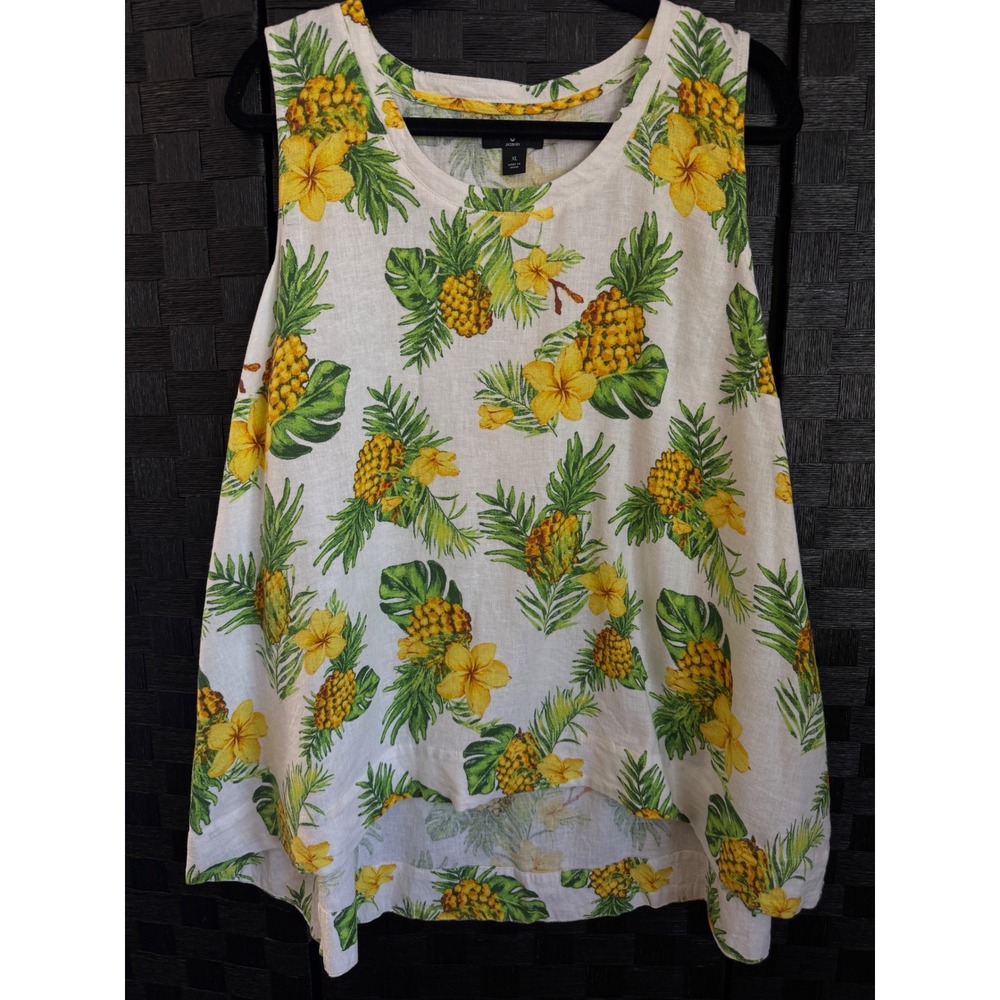 Jason Wu Top Women XL White Pineapple Tropical Linen Blend High Low A507355